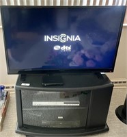 42" Insignia flat screen TV, stand, contents