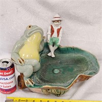 Large Vintage Porcelain Frog & Boy Decor Pond Bowl