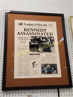 "KENNEDY ASSASSINATED" FRAMED NEWSPAPER REPRINT