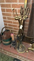 Lot of brass fireplace tools matches etc