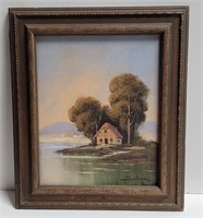 Signed oil on canvas - lakeside cottage