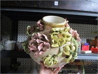 Antique Pottery W/Applied Flowers(has Flower