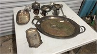 Silver Plate Tray, Creamers, Bowls, Etc