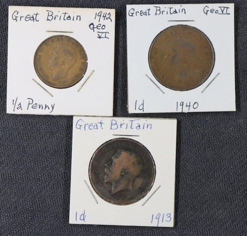 3 British Coins:1942 Half cent, 1913 & 1940 1