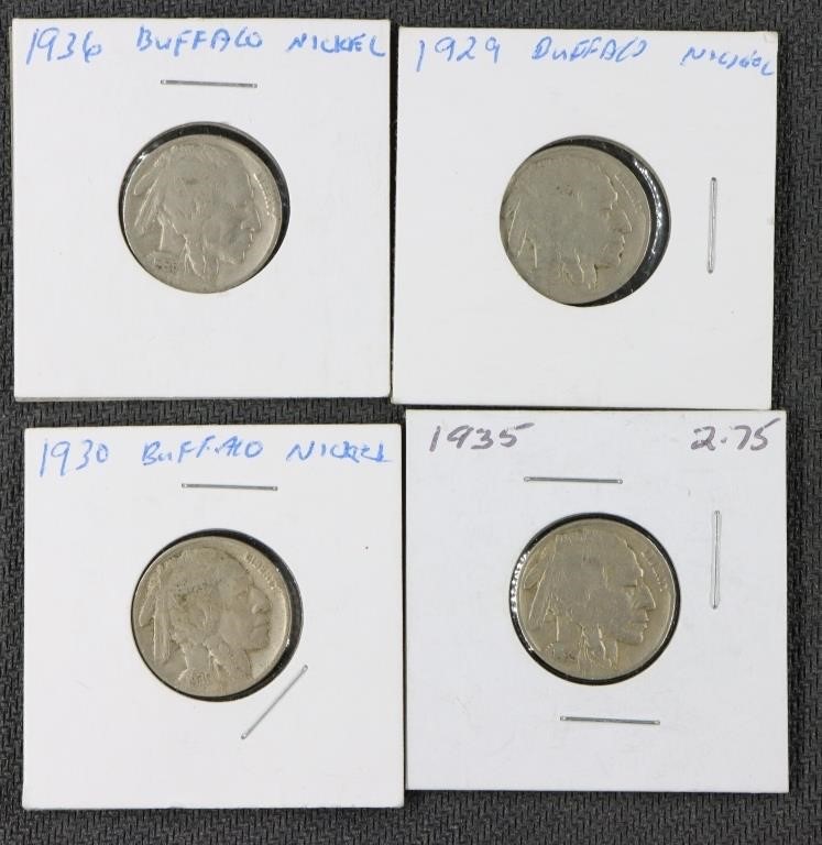 4 Buffalo Nickels: 1929, 1930, 1935, 1936