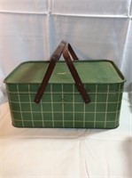 Vintage green checkered metal picnic basket