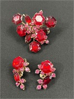 Vintage pink and Red brooch and clip on set.
