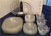 DEPRESSION GLASS PLATES, BOWLS, CUPS & SAUCERS, 6
