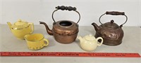 (2) Copper Tea Pots / (3) Tea Pots & Creamer