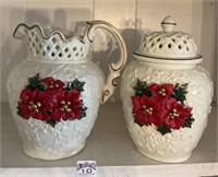 Pitcher & canister set w/ poinsettias 7.5” T