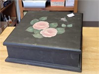 VINTAGE HAND PAINTED ROSE WOOD BOX 9.5" X 9" X 4"