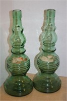 PAIR OF GREEN GLASS BOTTLES-HAS PARTIAL LABEL