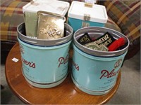 4 CANS OF BUTTONS & SEWING ACC - ONLY 2 CANS FULL