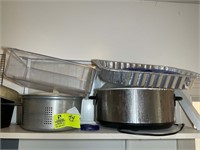 SHELF WITH MISC. POTS, PANS AND STEAMERS