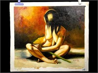 Oil on Canvas Nude with Yellow Flower