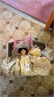 Antique bride doll with dress and bag needs tlc