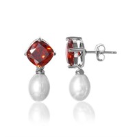 Silver Red Crystal Fresh Water Pearl Earrings