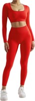 Seamless Ribbed Workout Set, Red Large