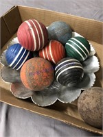 Croquet balls, silver tray