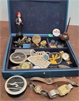 Blue box full of misc littles - watches, oil can,