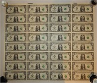 Uncut Sheet of (32) 2001 $1 Federal Reserve Notes