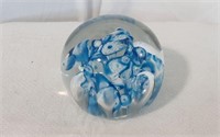 Hand-Blown Swirl Blue / White Glass Paperweight