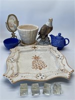 Ceramic Eagle Figurine, Blue Ceramic Teapot and