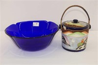 Cobalt Glass Bowl & Oriental Biscuit Barrel