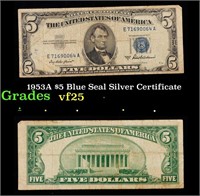 1953A $5 Blue Seal Silver Certificate Grades vf+