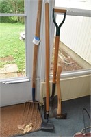 Pitch fork, sq shovel, hoe, ax