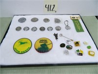 Display Case w/ John Deere Badges, Pins,