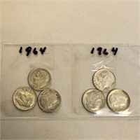 SILVER Roosevelt Dime Lot x 6 1964