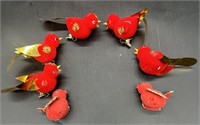 7 Vintage Flocked Clip On Bird Ornaments