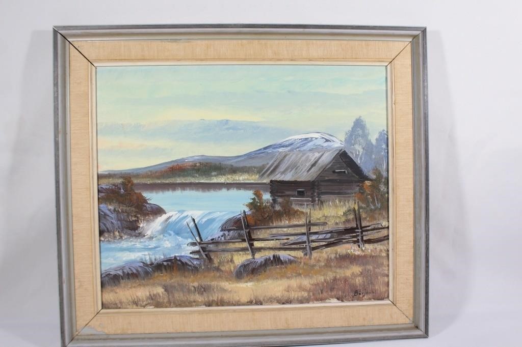 OIC Signed Mountain Cabin River Scene