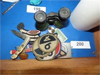 MILITARY PATCHES, KNIFE, BINOCULARS