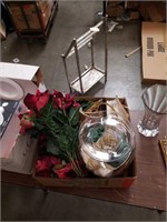 Box of artificial plants large glass vase and