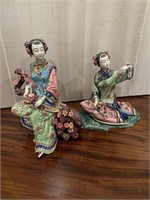 Chinese Shiwan Sitting Lady Figurines