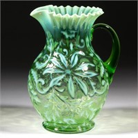 POINSETTIA WATER PITCHER, green opalescent, round