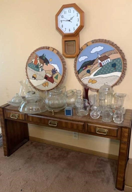 Entry Table, Clock, Glass Pitchers, Vases