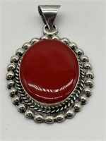Large Sterling Silver Red Coral Beaded Pendant