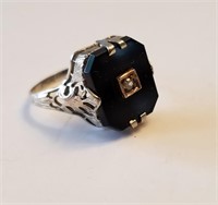 14k White Gold Black Onyx Ring w/ Diamond