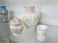 Pitcher, Tumbler & Covered Jar Painted Milk Glass