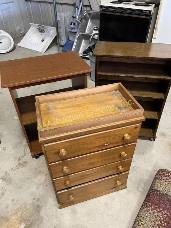 Rolling shelves (2) and small chest of drawers.