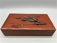 Vtg. Lacquered Wooden Box w/ Applied Metal Flower