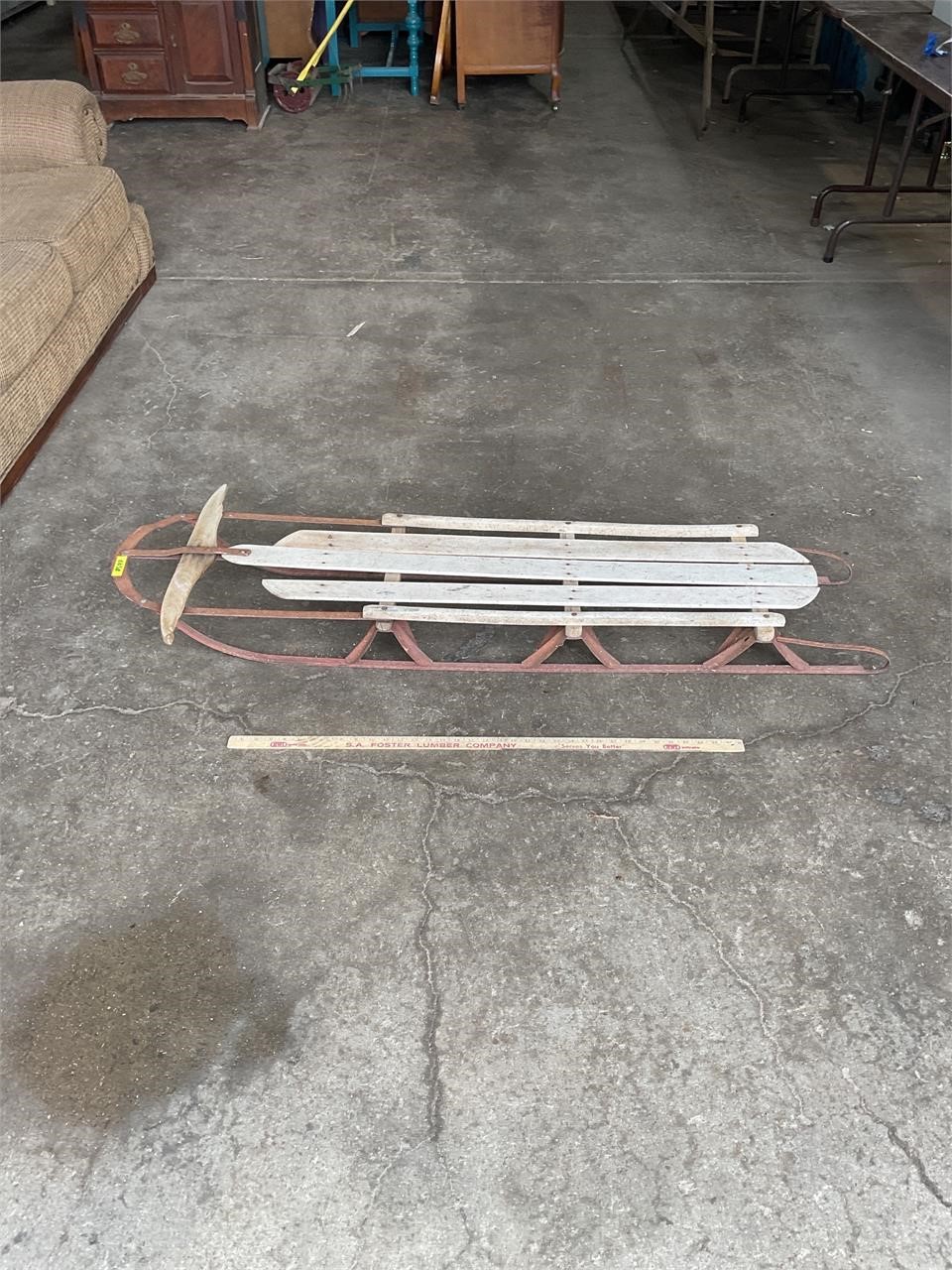 Vtg wood and steel runner sled, 60” long