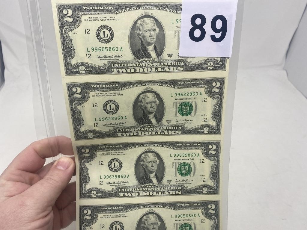 4 uncut $2.00 bills