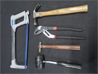 2 HAMMERS, RUBBER MALLET, HACKSAW, PLIERS