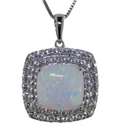 Cushion Cut White Opal Double Halo Necklace