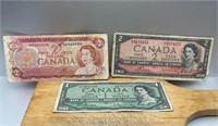 THREE Canadian Bills Two $2 Bill & One $1 Bill