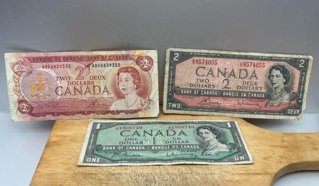 THREE Canadian Bills Two $2 Bill & One $1 Bill